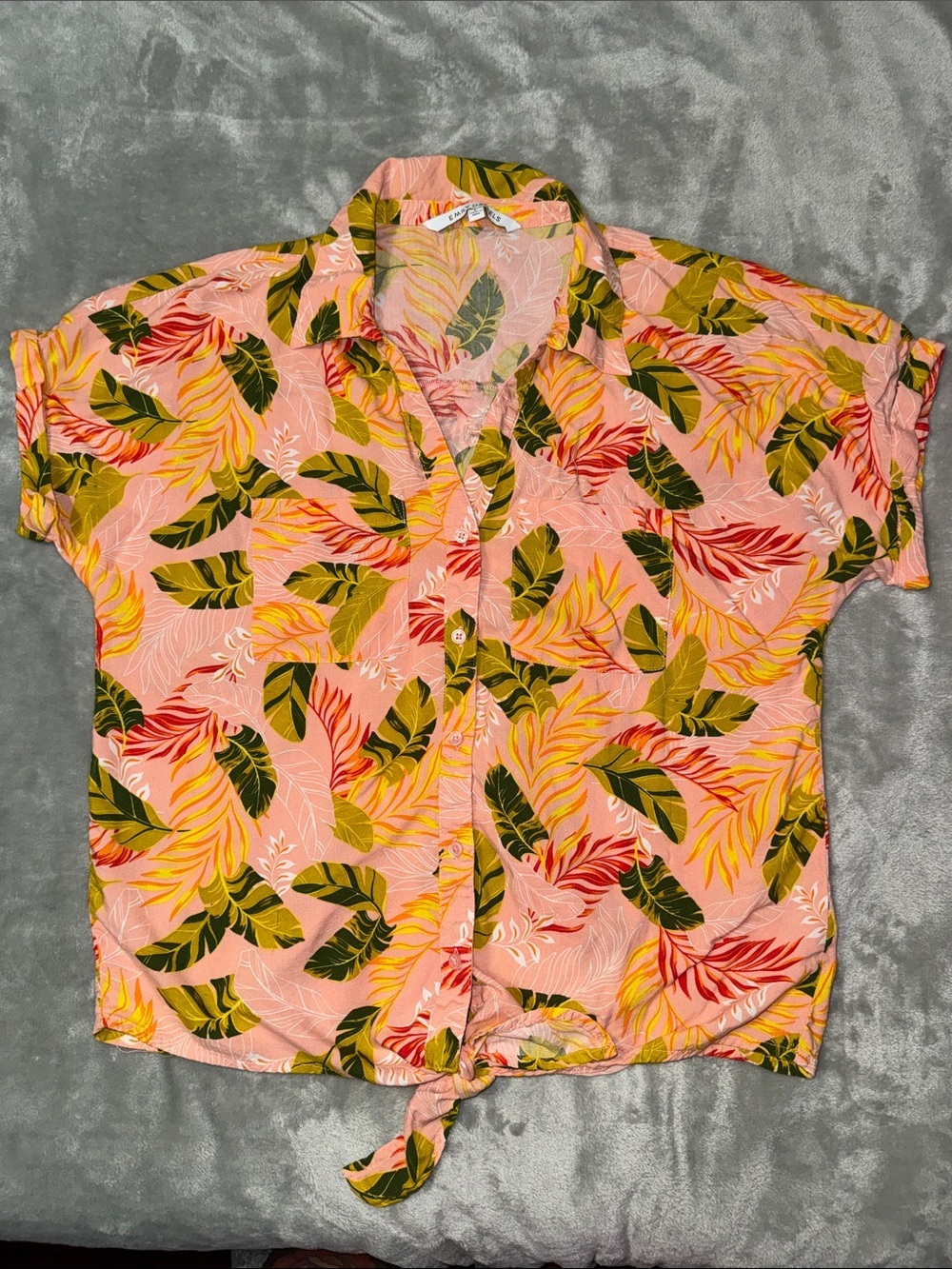 Tropical Pink Leaf Tie-Front Button-Up Blouse